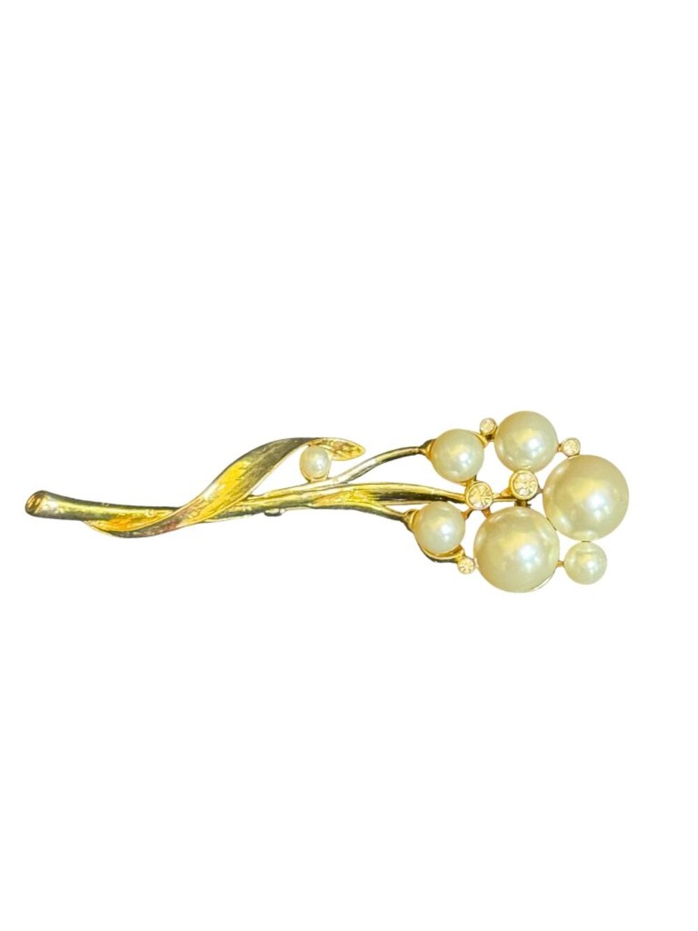 Vintage Gold-Tone Brooch With Faux Pearl & Rhinestone Floral Design